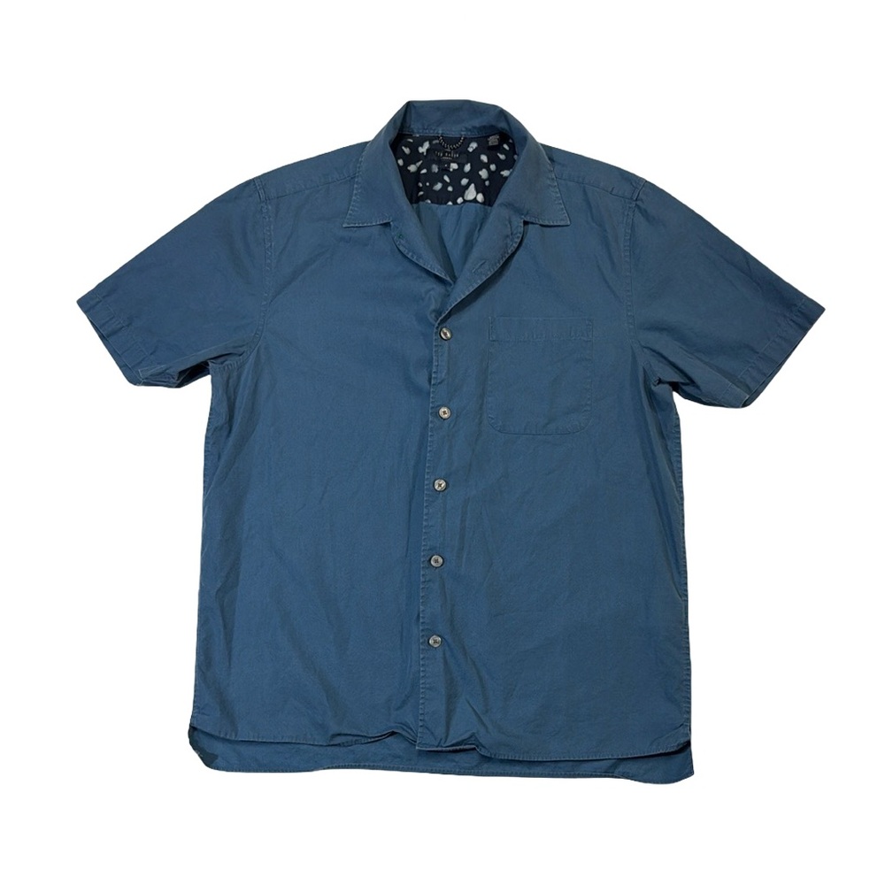 Ted Baker mens 4 L Large blue solid cotton lyocell blend camp collar shirt EUC